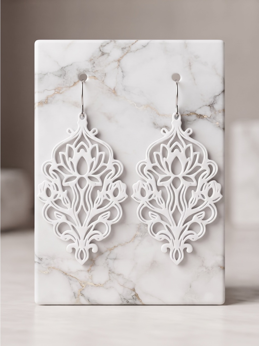 White Filigree Lotus Drop Earrings